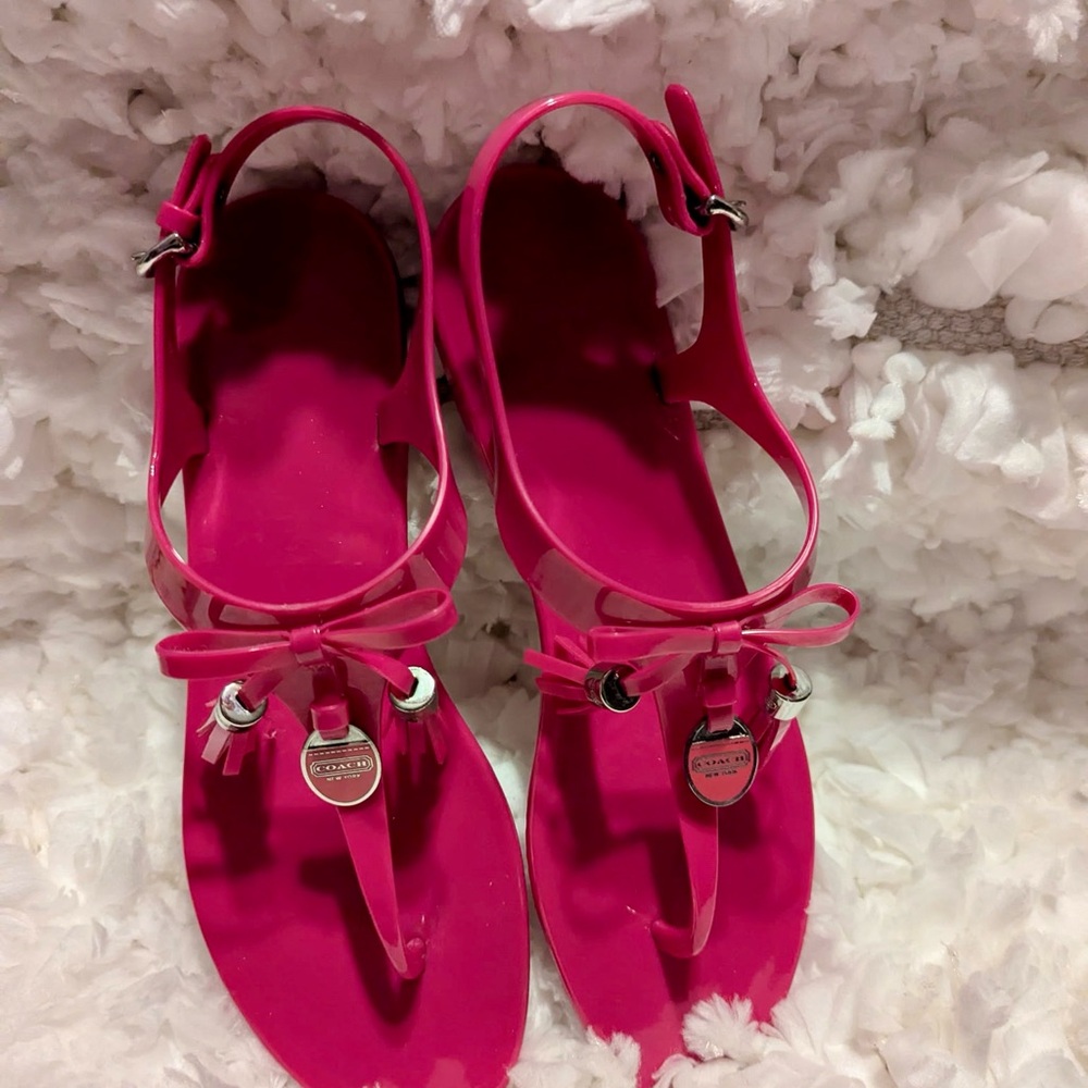 Coach Pink T-Strap Jelly Fuchsia Pink  Sandals with Metallic Accents